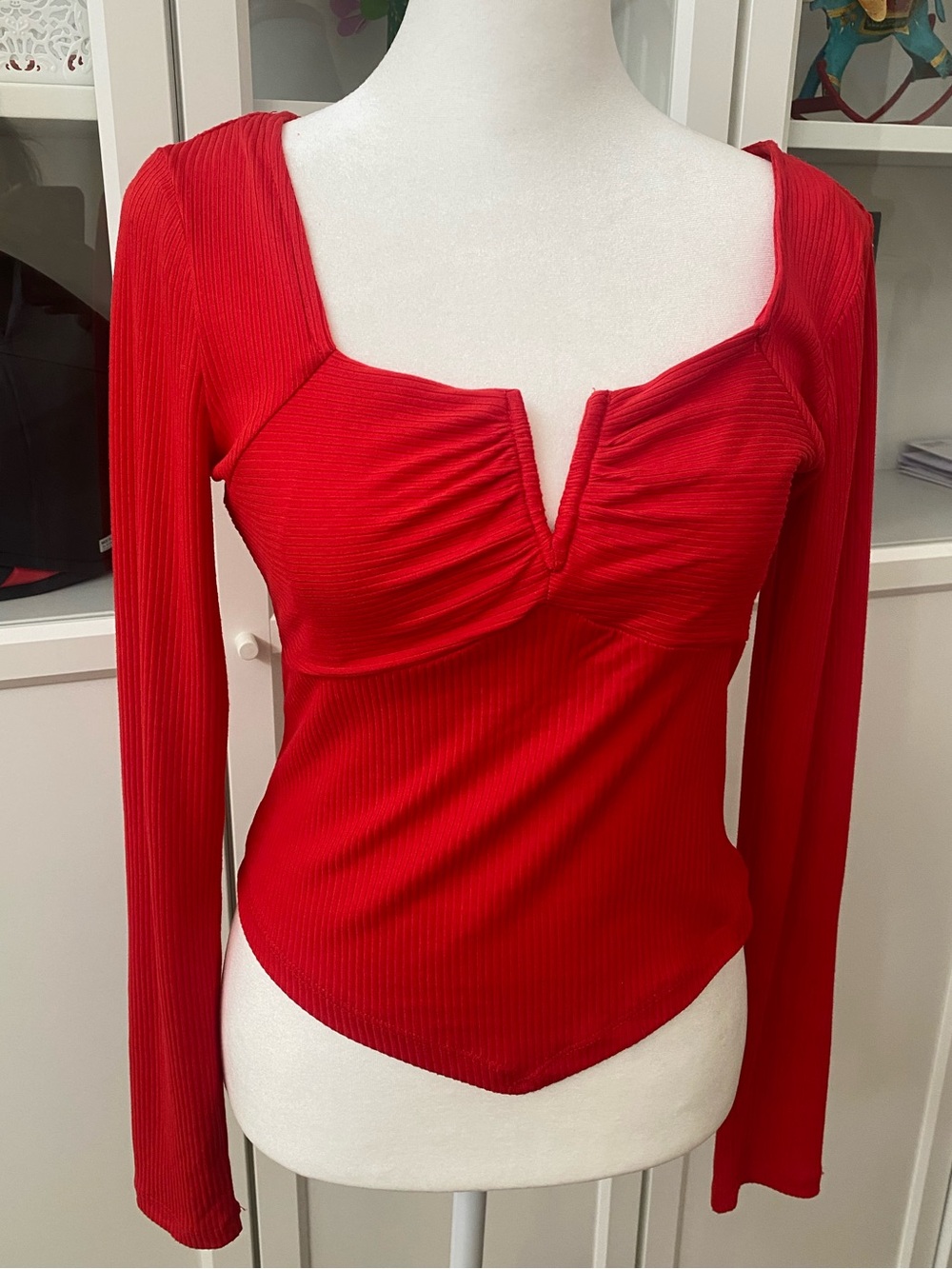 Just Polly Women's Red Ribbed Knit Sweetheart Stretch Long Sleeve Top Large New